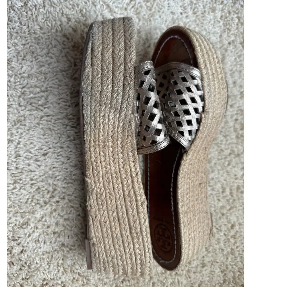 Tory Burch Metallic Gold Leather Espadrille‎ Wedge Sandals Size 8.5
